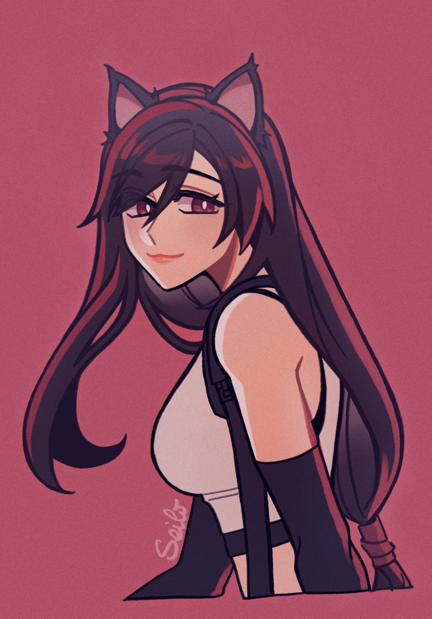 1girl :3 animal_ears bangs bare_shoulders black_gloves black_hair black_sports_bra breasts cat_day cat_ears closed_mouth crop_top elbow_gloves english_commentary final_fantasy final_fantasy_vii final_fantasy_vii_remake from_side gloves highres large_breasts lips long_hair looking_at_viewer low-tied_long_hair red_eyes seilidare signature simple_background single_sidelock smile solo sports_bra suspenders swept_bangs tank_top tifa_lockhart undershirt upper_body white_tank_top