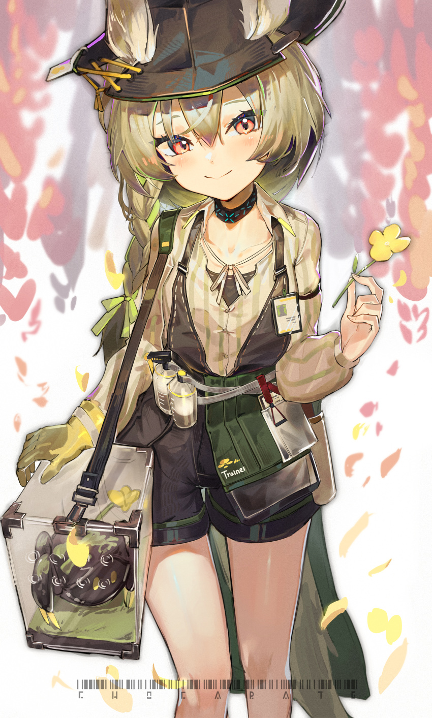 1girl absurdres arknights beanstalk_(arknights) black_headwear black_shorts blonde_hair blush braid chinese_commentary chocarate closed_mouth commentary_request ears_through_headwear eyebrows_hidden_by_hair flower green_ribbon hair_between_eyes hair_ribbon hat highres holding holding_flower hyena_ears long_hair long_sleeves looking_at_viewer metal_crab_(arknights) red_eyes ribbon shirt shorts single_braid smile solo suspenders yellow_flower yellow_shirt