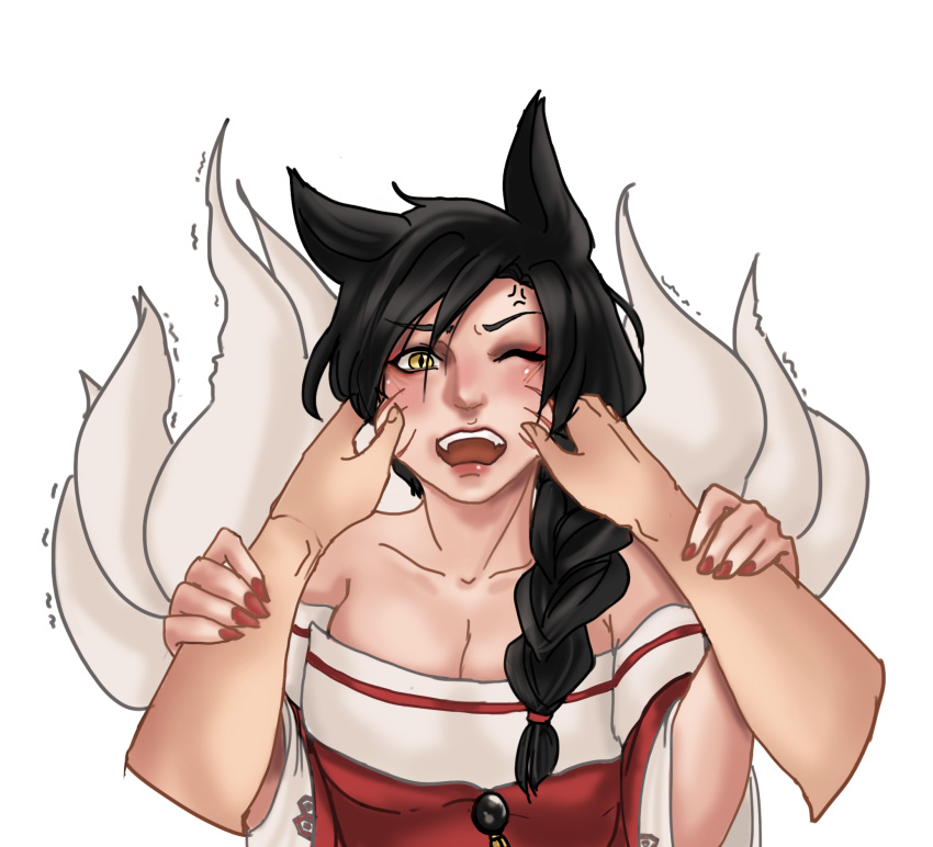 1girl ahri_(league_of_legends) anger_vein angry animal_ears artist_request bangs black_hair blush braid cheek_pinching cheek_pull collarbone embarrassed facial_mark fox_ears fox_girl hand_on_another's_cheek hand_on_another's_face hands_on_another's_cheeks hands_on_another's_face highres kitsune kumiho league_of_legends looking_at_viewer non-web_source open_mouth pinching pinching_cheek pov pulling_cheeks single_braid whisker_markings yellow_eyes