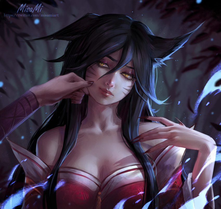 1girl ahri_(league_of_legends) animal_ears bangs bare_shoulders black_hair breasts cheek_pinching cheek_pull collarbone facial_mark fox_ears fox_girl hair_between_eyes hand_on_another's_cheek hand_on_another's_face highres kitsune kumiho league_of_legends long_hair misamiart off-shoulder_shirt off_shoulder pinching shirt shy sleeveless smile strapless very_long_hair whisker_markings