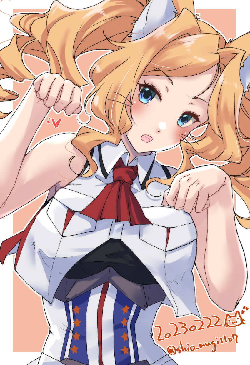 1girl absurdres animal_ear_fluff animal_ears ascot blonde_hair blue_eyes blush border breast_pocket cat_ears collared_shirt dated drill_hair fang highres honolulu_(kancolle) kantai_collection long_hair one-hour_drawing_challenge open_mouth pocket red_ascot shio_mugi1107 shirt sleeveless sleeveless_shirt solo twin_drills twintails twitter_username upper_body white_border white_shirt