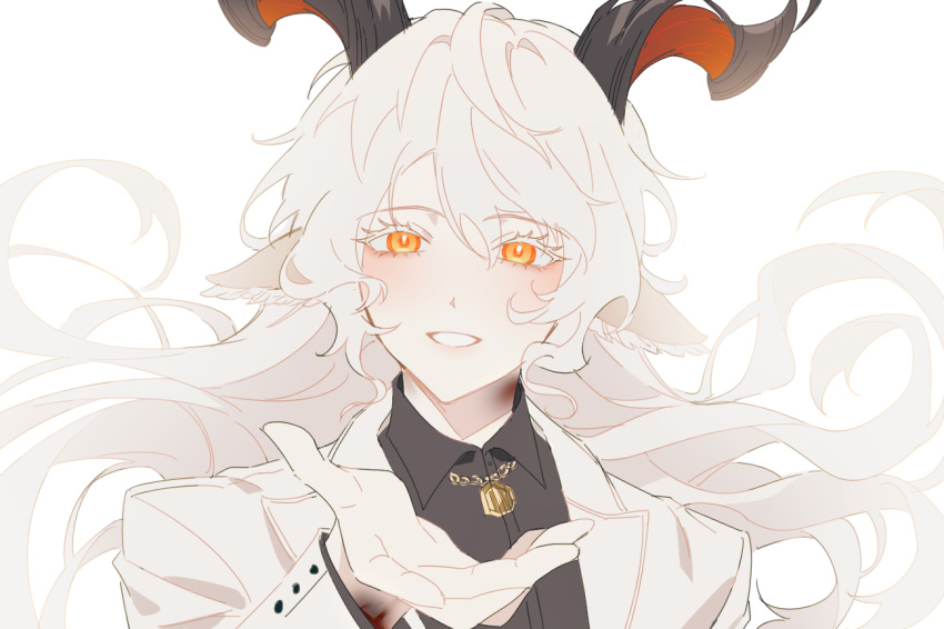 1boy animal_ear_fluff animal_ears arknights bangs black_shirt collared_shirt dress_shirt floating_hair grey_hair hair_between_eyes hand_up horns jacket kreide_(arknights) long_hair looking_at_viewer male_focus open_clothes open_jacket orange_eyes parted_lips rio_(rio773) shirt simple_background smile solo upper_body very_long_hair white_background white_jacket