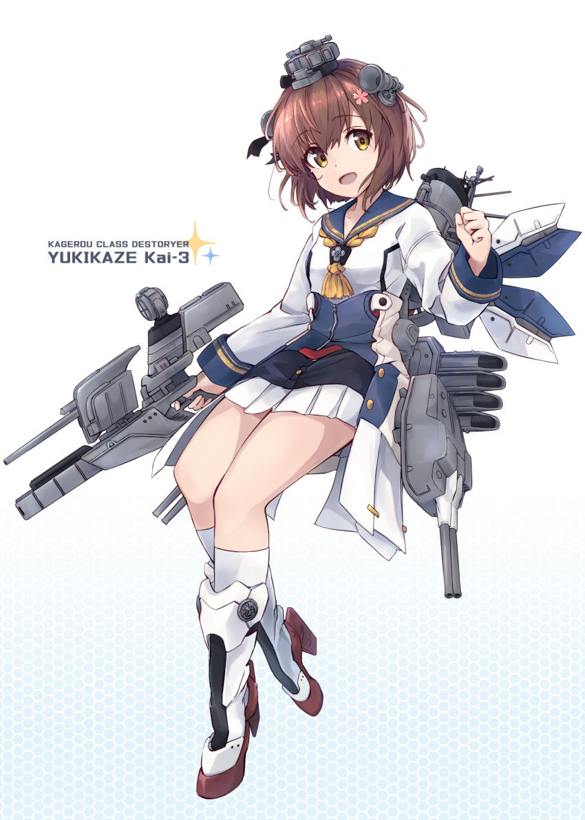 1girl adapted_turret anchor_symbol black_sailor_collar boots cannon cherry_blossoms dress full_body grey_neckerchief grey_necktie headgear highres kantai_collection kneehighs looking_at_viewer minosu neckerchief necktie open_mouth original_remodel_(kantai_collection) rudder_footwear sailor_collar sailor_dress skirt smokestack socks speaking_tube_headset torpedo_launcher torpedo_tubes white_skirt yukikaze_(kancolle) yukikaze_kai_ni_(kancolle)