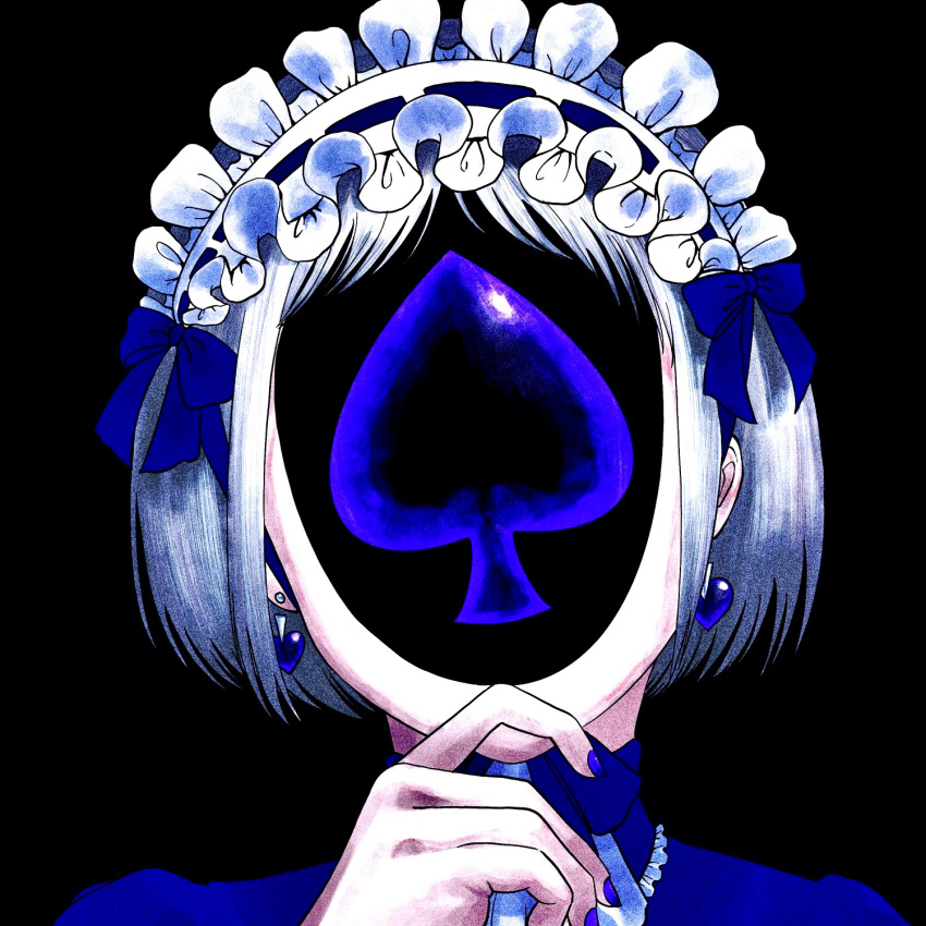 1girl black_background blue_bow blue_nails blue_theme bow earrings faceless faceless_female grey_hair hair_bow hand_up highres jewelry maid_headdress original portrait short_hair simple_background solo spade_(shape) surreal tanenso_il