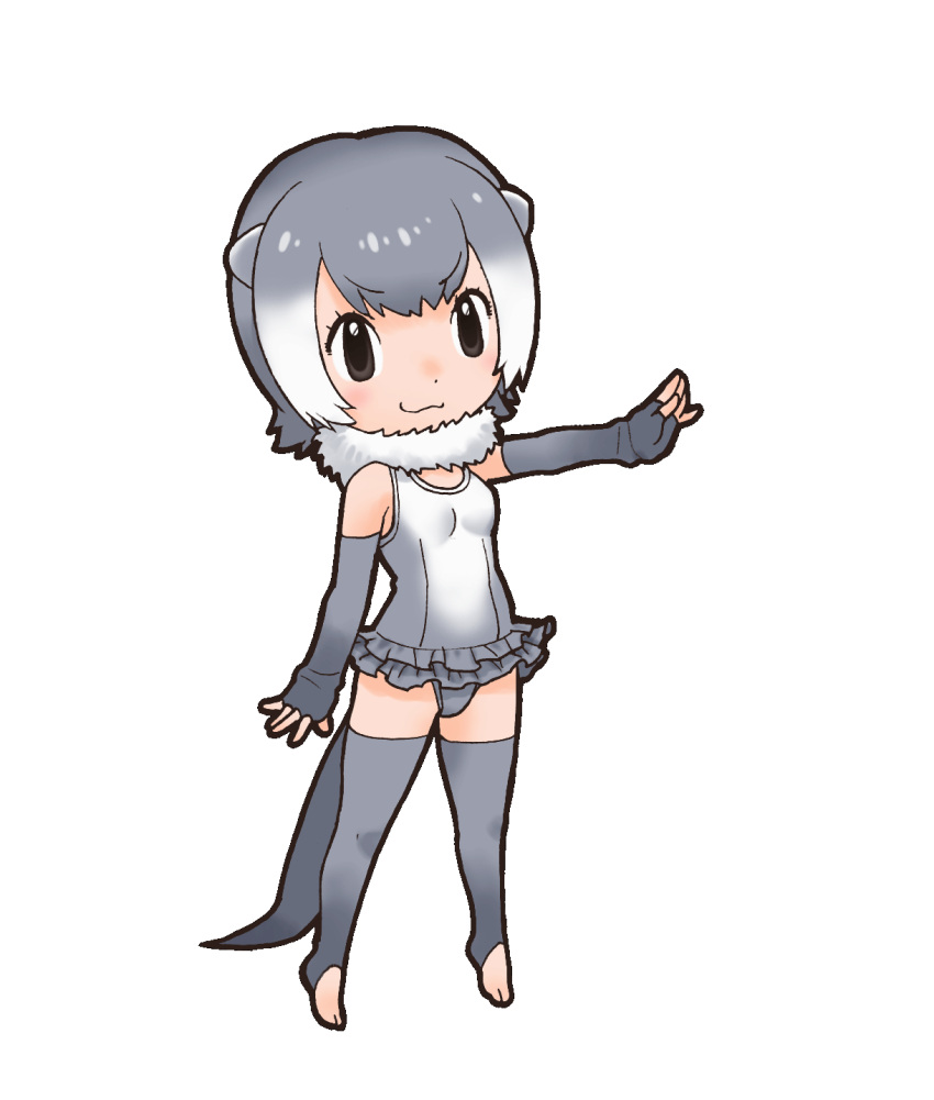 1girl animal_ears bare_shoulders black_gloves closed_mouth elbow_gloves extra_ears gloves grey_hair highres kemono_friends looking_at_viewer official_art one-piece_swimsuit otter_ears otter_girl otter_tail short_hair small-clawed_otter_(kemono_friends) socks solo swimsuit tail thigh-highs transparent_background yoshizaki_mine