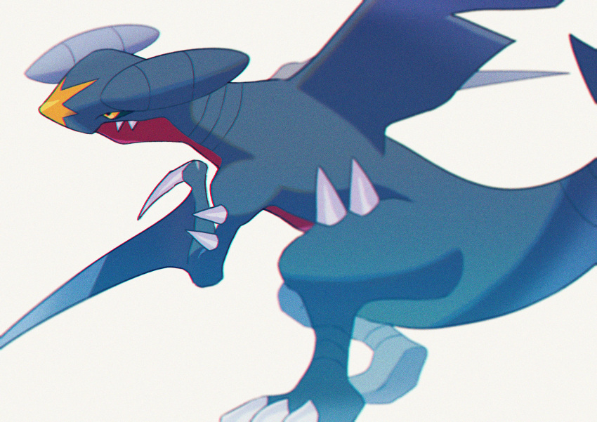 absurdres black_sclera chromatic_aberration claws closed_mouth colored_sclera dorsal_fin film_grain garchomp highres no_humans pokemon pokemon_(creature) saiku_(zvlku) sharp_teeth simple_background solo standing teeth white_background yellow_eyes