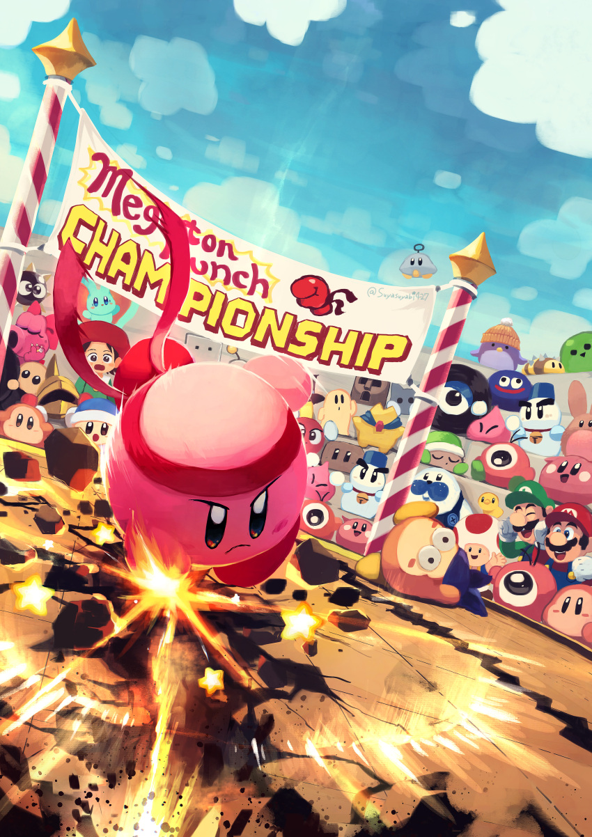 absurdres adeleine artist_name audience bandana bandana_waddle_dee banner beret birdo blue_bandana blue_sky blush blush_stickers bounder bow boxboy! bronto_burt buttons cappy_(kirby) chilly_(kirby) closed_eyes closed_mouth clouds commentary_request corori crack day elfilin energy fighter_kirby flaming_hand frown full_body gloves gooey_(kirby) gordo green_headwear green_shirt hal_laboratory hat hataraku_ufo headband helmet highres jobski kabu_(kirby) kirby kirby's_dream_land_3 kirby_(series) kirby_64 long_sleeves luigi mario motion_lines mr._frosty n-z needlous no_humans noddy_(kirby) open_mouth outdoors overalls polof poppy_bros_jr punching qbby red_bow red_headband red_headwear red_ribbon ribbon rocky_(kirby) scarfy serious shirt sir_kibble sitting sky smile snowman sparky_(kirby) star_(symbol) starman_(kirby) super_mario_bros. suyasuyabi teeth toad_(mario) twitter_username twizzy ufo ufo_(kirby) upper_teeth_only v-shaped_eyebrows waddle_dee waddle_doo wheelie_(kirby) white_gloves wide-eyed zebon