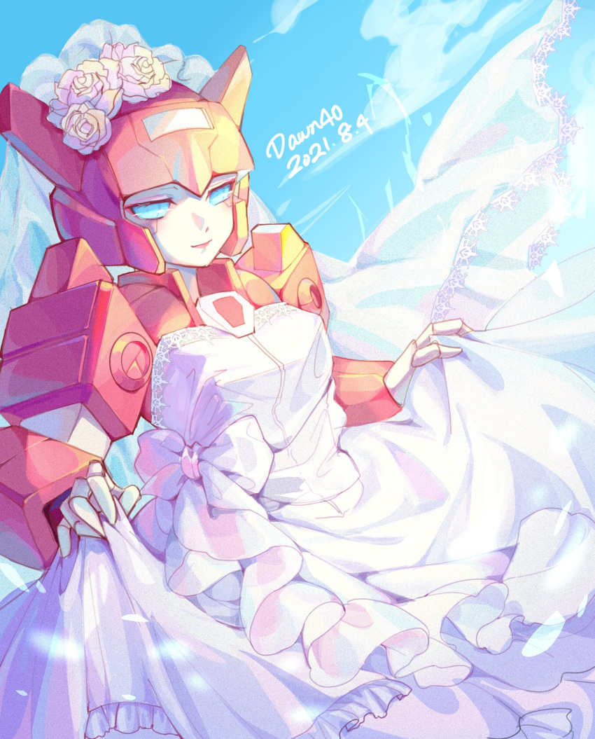 1girl artist_name azuredawn40 blue_eyes breasts bridal_veil clothed_robot clothes_lift clouds dated dress dress_lift elita_one flower highres looking_at_viewer mecha robot sky small_breasts smile solo strapless strapless_dress transformers veil wedding_dress white_flower