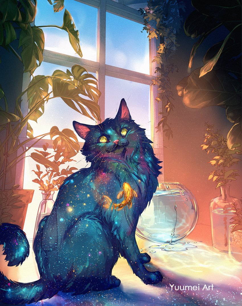 animal animal_ear_fluff artist_name blue_sky cat clouds commentary day english_commentary fish fishbowl full_moon goldfish highres indoors looking_at_viewer moon no_humans original plant sky space water window yellow_eyes yuumei