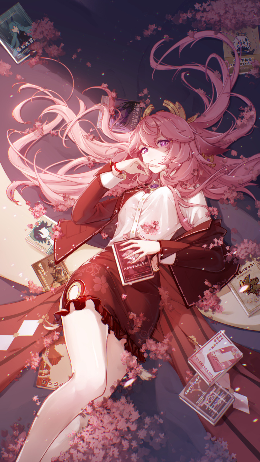 1girl 7hertz absurdres book buttons cherry_blossoms chinese_commentary closed_mouth commentary_request feet_out_of_frame floral_print flower frilled_skirt frills genshin_impact geovishap_hatchling_(genshin_impact) hair_between_eyes hair_ornament hair_spread_out hand_on_own_chin hand_up highres holding holding_book jacket layered_sleeves long_hair looking_at_viewer open_clothes open_jacket paimon_(genshin_impact) pink_eyes pink_flower pink_hair red_jacket red_skirt shirt skirt translation_request venti_(genshin_impact) very_long_hair white_shirt yae_miko zhongli_(genshin_impact)
