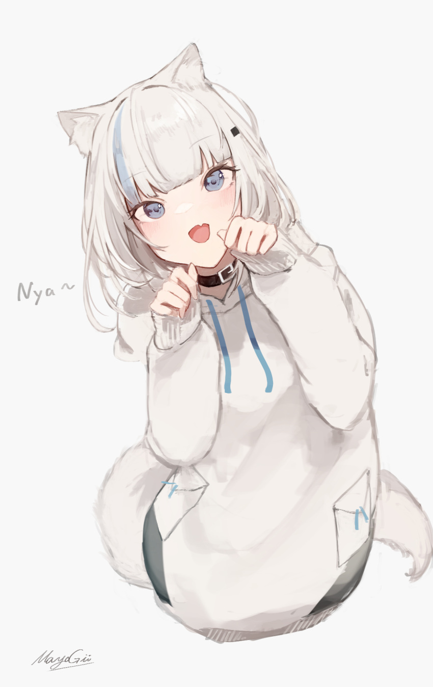 1girl :d animal_ear_fluff animal_ears black_collar blue_eyes blue_hair cat_day cat_ears cat_girl cat_tail collar commentary_request drawstring fang grey_background grey_hair hands_up highres hood hood_down hoodie leaning_to_the_side long_sleeves looking_at_viewer mayogii multicolored_hair nyan original paw_pose puffy_long_sleeves puffy_sleeves romaji_text signature simple_background sleeves_past_wrists smile solo streaked_hair tail white_hoodie