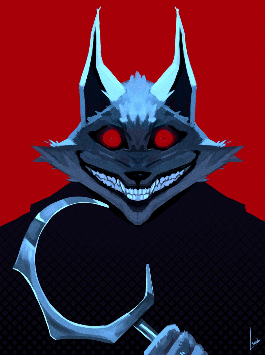 1boy absurdres animal_ears animal_nose cloak crazy_smile death_(puss_in_boots) glowing glowing_eyes highres holding holding_weapon hood hooded_cloak l3iide puss_in_boots:_the_last_wish red_background red_eyes sharp_teeth sickle signature smile solo teeth weapon wolf_ears