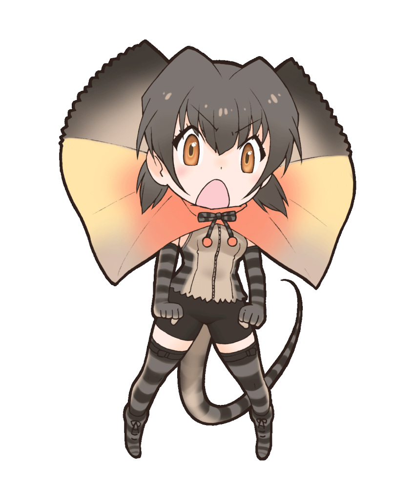 1girl bare_shoulders black_hair brown_eyes collar elbow_gloves frilled_collar frilled_lizard_(kemono_friends) frills gloves highres kemono_friends lizard_tail looking_at_viewer official_art open_mouth ribbon shirt shoes short_hair shorts sleeveless sleeveless_shirt socks solo tail thigh-highs transparent_background yoshizaki_mine