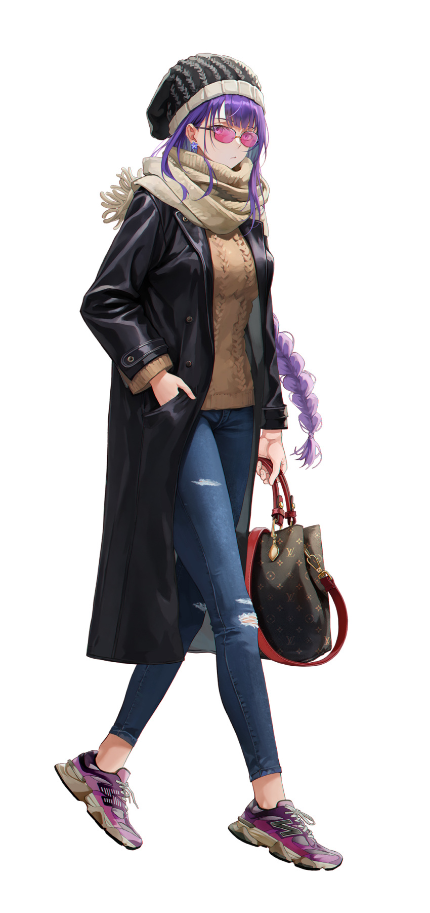 1girl alternate_costume bag bangs bbburger beanie black_bag black_coat black_headwear braid braided_ponytail breasts brown_scarf brown_sweater buttons cable_knit closed_mouth coat contemporary denim earrings flower_earrings fringe_trim full_body genshin_impact hair_behind_ear hand_in_pocket handbag hat highres holding holding_bag invisible_floor jeans jewelry long_hair long_sleeves looking_at_viewer louis_vuitton_(brand) medium_breasts multicolored_footwear open_clothes open_coat pants pink-tinted_eyewear purple_footwear raiden_shogun scarf shoes sidelocks simple_background single_braid sneakers solo sunglasses sweater tachi-e tinted_eyewear torn_clothes torn_jeans torn_pants very_long_hair violet_eyes walking white_background winter_clothes