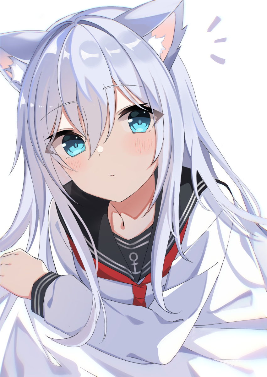 1girl absurdres anchor_symbol animal_ear_fluff animal_ears bangs black_sailor_collar blue_eyes blush cat_ears closed_mouth fathom hair_between_eyes hibiki_(kancolle) highres kantai_collection kemonomimi_mode long_hair long_sleeves looking_at_viewer neckerchief no_headwear notice_lines red_neckerchief sailor_collar school_uniform serafuku simple_background solo upper_body white_background white_hair