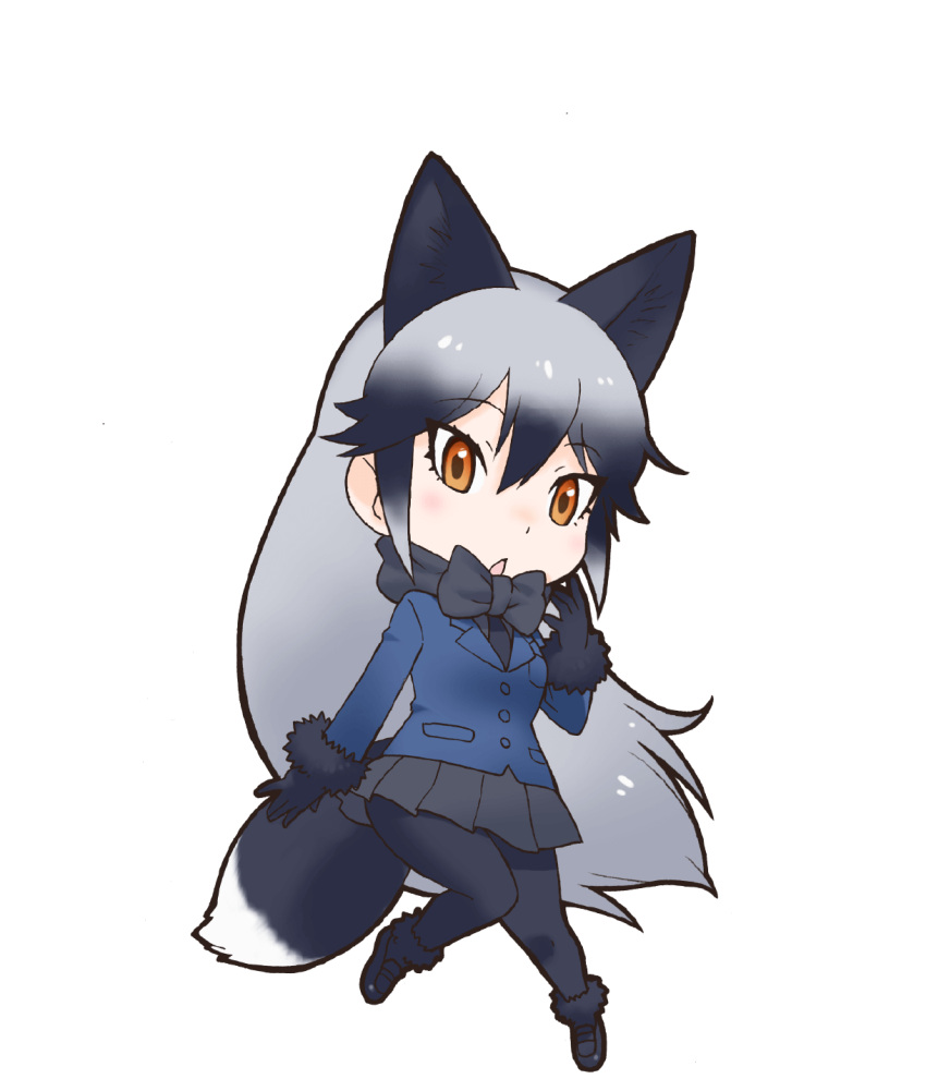 1girl animal_ears black_hair blazer bow bowtie brown_eyes extra_ears fox_ears fox_girl fox_tail gloves highres jacket kemono_friends long_hair looking_at_viewer official_art open_mouth pantyhose shirt shoes silver_fox_(kemono_friends) skirt solo tail transparent_background yoshizaki_mine