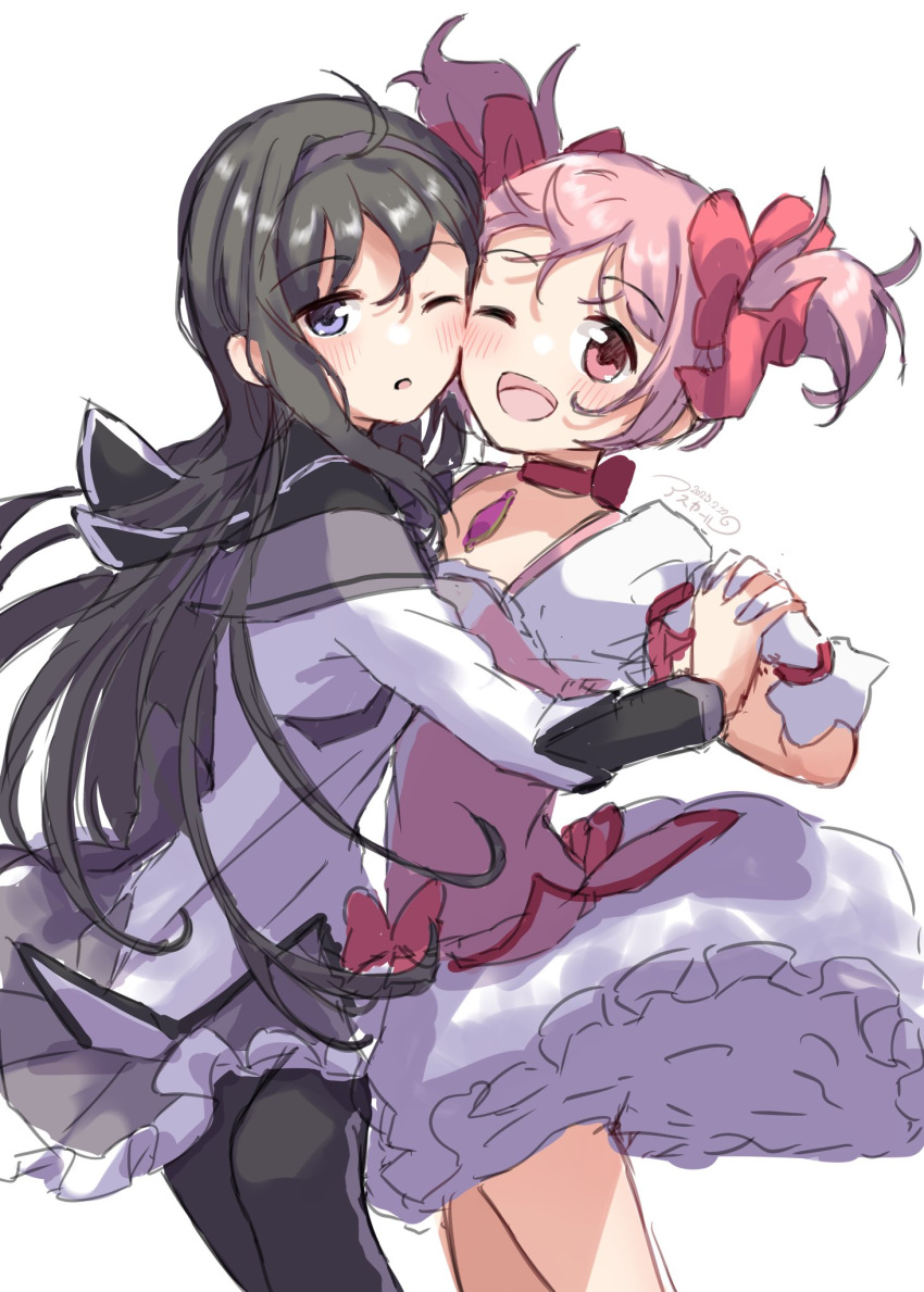 2girls ;d ahoge akemi_homura asukaru_(magika_ru) bangs black_eyes black_hair bow choker commentary_request gloves hairband highres holding_hands kaname_madoka long_hair long_sleeves looking_at_viewer magia_record:_mahou_shoujo_madoka_magica_gaiden magical_girl mahou_shoujo_madoka_magica multiple_girls one_eye_closed open_mouth pantyhose pink_bow pink_eyes pink_hair purple_hairband red_choker simple_background smile two_side_up white_background white_gloves