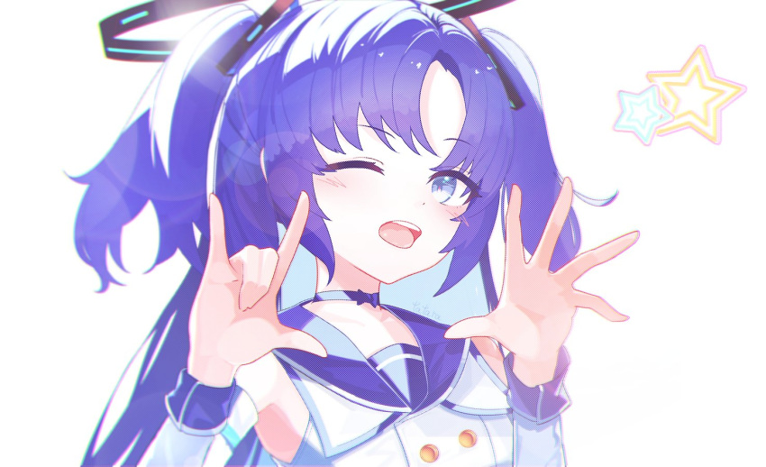 1girl \m/ blue_archive blue_choker blue_eyes blue_sailor_collar blush bow_choker choker chromatic_aberration commentary_request detached_sleeves halo idol long_hair looking_at_viewer official_alternate_costume one_eye_closed open_mouth purple_hair sailor_collar simple_background smile solo tatara_(alnath_may) two_side_up upper_body white_background yuuka_(blue_archive)