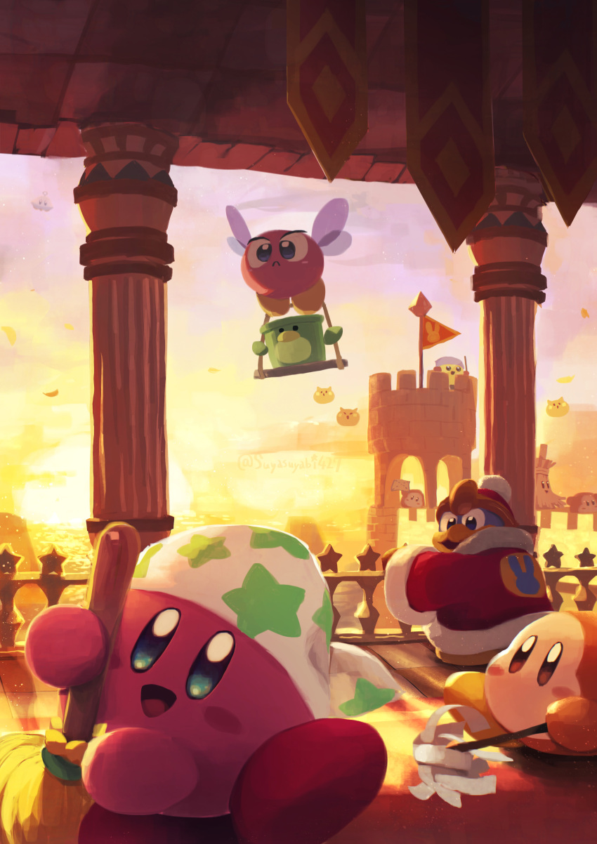 :d absurdres artist_name bandana banner blue_eyes blush blush_stickers bronto_burt broom castle cleaning_kirby clouds coat column commentary_request copy_ability flag flying fur-trimmed_coat fur_trim gohei gradient_sky haboki hat highres holding holding_broom holding_gohei king_dedede kirby kirby_(series) looking_back no_humans open_mouth outdoors pennant pillar pitch_(kirby) pom_pom_(clothes) print_bandana railing red_coat red_headwear scarfy scenery shide sky smile standing star_(symbol) star_print sun sunset suyasuyabi tower twilight twitter_username ufo ufo_(kirby) waddle_dee water white_bandana yellow_sky