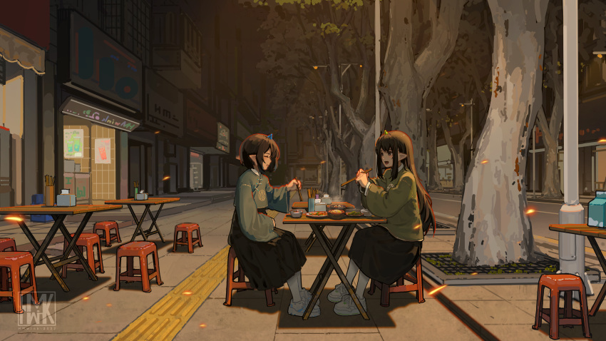 1girl 2girls absurdres black_hair black_skirt bowl chinese_clothes chinese_commentary chopsticks city closed_eyes closed_mouth commentary_request eating elf folding_table food highres holding holding_chopsticks horns hua_ming_wink long_hair long_skirt long_sleeves multiple_girls napkin on_stool original outdoors pointy_ears profile scenery shoes shop short_hair single_horn sitting skirt sneakers steam stool table tactile_paving tree urban watermark white_footwear wide_sleeves