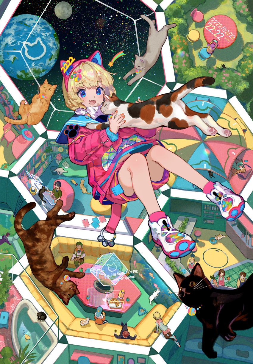 1girl animal bangs bathtub black_cat black_sky blonde_hair blue_eyes brown_cat bush cat cat_ear_hairband chair couch earth_(planet) falling_petals fang floating from_above fuzichoco grass green_sky highres holding holding_animal holding_cat jacket knees_up ladder looking_at_animal moon number_hair_ornament numbered open_mouth original paw_hair_ornament people petals pink_jacket pink_shorts planet red_nails shirt shoes shorts sidelocks smile sneakers solo_focus space white_footwear white_shirt