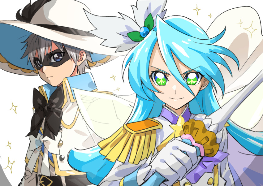 2boys absurdres belt black_bow black_pepper_(precure) blue_eyes blue_hair bow cape cure_waffle delicious_party_precure domino_mask epaulettes green_eyes grey_hair hair_ornament hat_feather high_collar highres holding holding_wand kirakira_precure_a_la_mode long_hair magical_boy male_focus mask multiple_boys pikario_(precure) precure shinada_takumi smile tsukikage_oyama wand white_bow white_headwear
