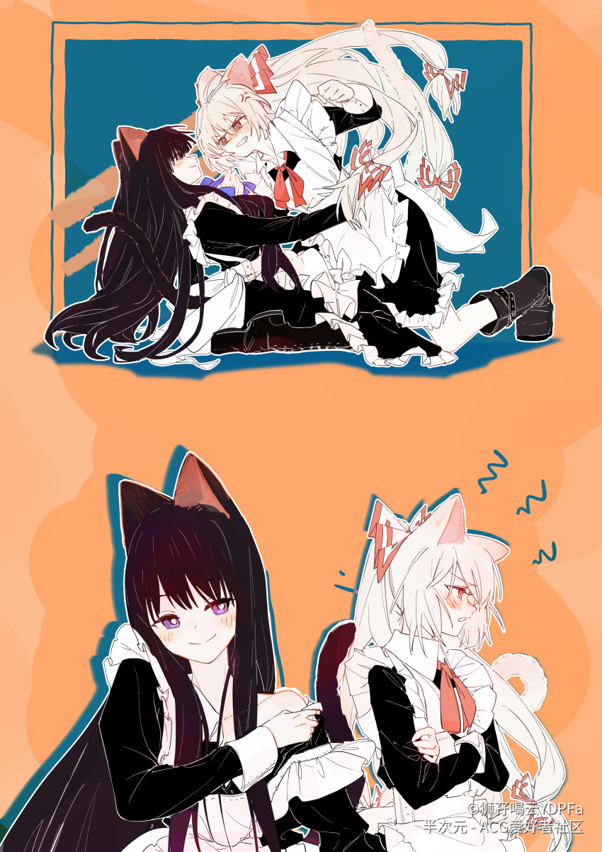 2girls absurdres alternate_costume anger_vein animal_ears apron black_dress black_footwear black_hair blue_neckerchief blush boots bow bright_pupils cat_ears cat_tail collarbone crossed_arms dress enmaided frilled_dress frills fujiwara_no_mokou grin hair_bow highres houraisan_kaguya kemonomimi_mode long_hair looking_at_another maid maid_apron multiple_girls neckerchief red_bow red_eyes red_neckerchief sleeve_cuffs smile tail teeth touhou very_long_hair violet_eyes white_hair white_pupils ydpfa