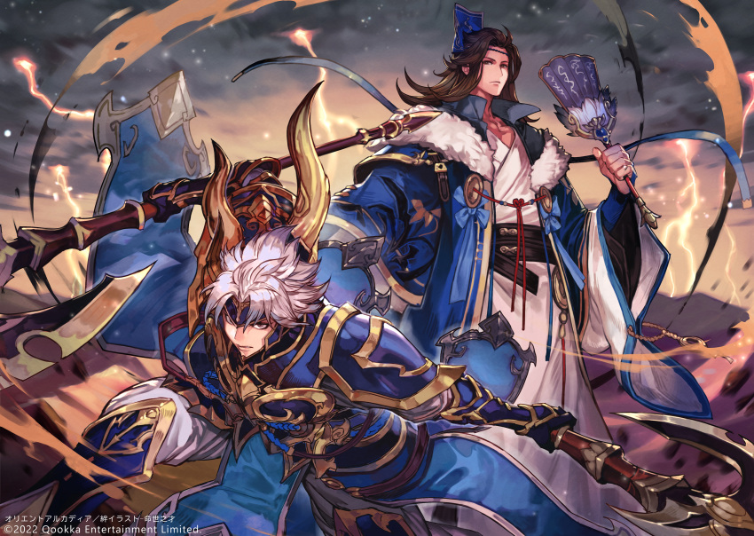 2boys armor black_hair character_request commentary_request copyright_request dated hand_fan hankuri hat highres holding holding_fan lightning long_hair looking_at_viewer multiple_boys overcast parted_lips shadow short_hair standing white_hair