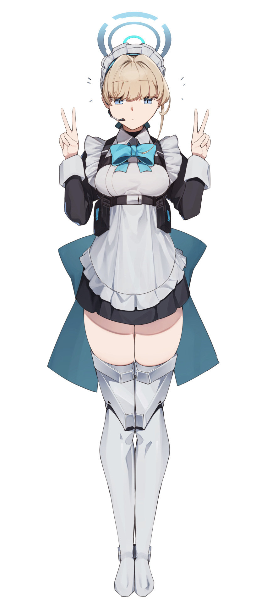 1girl absurdres apron bangs blue_archive blue_eyes breasts double_v frills full_body halo highres looking_at_viewer maid_apron maid_headdress mung_(larnec) neck_ribbon ribbon simple_background solo thigh-highs toki_(blue_archive) v white_background white_thighhighs