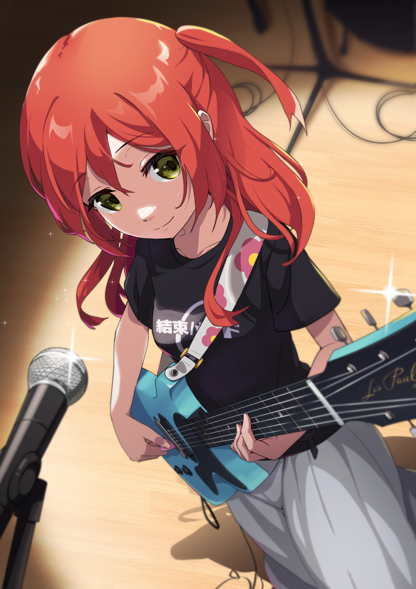 1girl absurdres bangs black_shirt bocchi_the_rock! breasts closed_mouth commentary_request eyelashes floral_print from_above glint green_eyes guitar hair_between_eyes highres holding holding_instrument instrument kita_ikuyo long_hair looking_to_the_side medium_breasts microphone miu_(angelo_whitechoc) music playing_instrument redhead shirt sidelocks skirt smile solo sparkle spotlight stage standing sweat two_side_up white_skirt