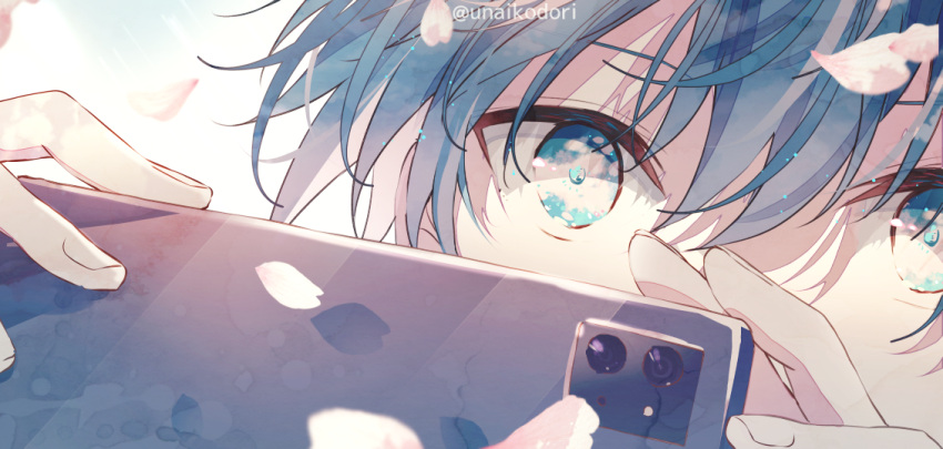 1boy amamine_shuu blue_eyes blue_hair cellphone covered_mouth holding holding_phone idolmaster idolmaster_side-m idolmaster_side-m_growing_stars kame_(unaikodori) looking_up male_focus phone short_hair solo tagme taking_picture twitter_username white_background