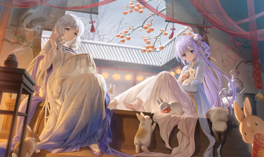 2girls ahoge alternate_costume architecture azur_lane bangs bare_tree barefoot blunt_bangs branch building chinese_clothes closed_mouth dress east_asian_architecture embroidery embroidery_hoop feet flower food fruit full_body grey_sky hagoromo hair_bun hair_flower hair_ornament hair_ribbon hairclip haneru hanfu highres holding holding_rabbit illustrious_(azur_lane) incense knees_up long_dress long_hair long_sleeves looking_at_viewer mandarin_orange multiple_girls one_side_up pom_pom_(clothes) pom_pom_hair_ornament purple_footwear purple_hair rabbit rabbit_hair_ornament red_flower ribbon ringlets sewing shawl sidelocks sitting smile smoke snowing stuffed_unicorn table tassel thread toes tree unicorn_(azur_lane) vase very_long_hair violet_eyes white_dress white_flower white_hair winter wristband