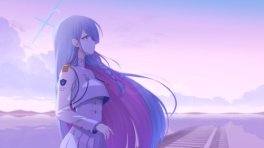 1girl absurdres basa_rutan blue_archive blue_eyes blue_hair braid closed_mouth clouds colored_inner_hair cropped_jacket general_student_council_president_(blue_archive) halo highres jacket long_hair long_skirt long_sleeves looking_up mixed-language_commentary multicolored_hair outdoors pink_hair railroad_tracks skirt sky solo two-tone_hair water white_jacket white_skirt