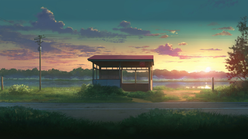 absurdres building bus_stop clouds field grass highres kazu9029-paint landscape morning no_humans original pond power_lines reflection road rural scenery sky sunlight sunrise tree utility_pole