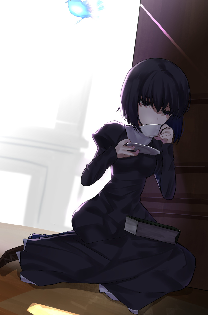 1girl absurdres bangs black_dress black_eyes black_hair book_on_lap breasts commentary cup dress dutch_angle highres holding holding_cup holding_tray indoors juliet_sleeves kuonji_alice long_sleeves mahou_tsukai_no_yoru medium_breasts musi_2nd puffy_sleeves short_hair sitting solo teacup tray yokozuwari