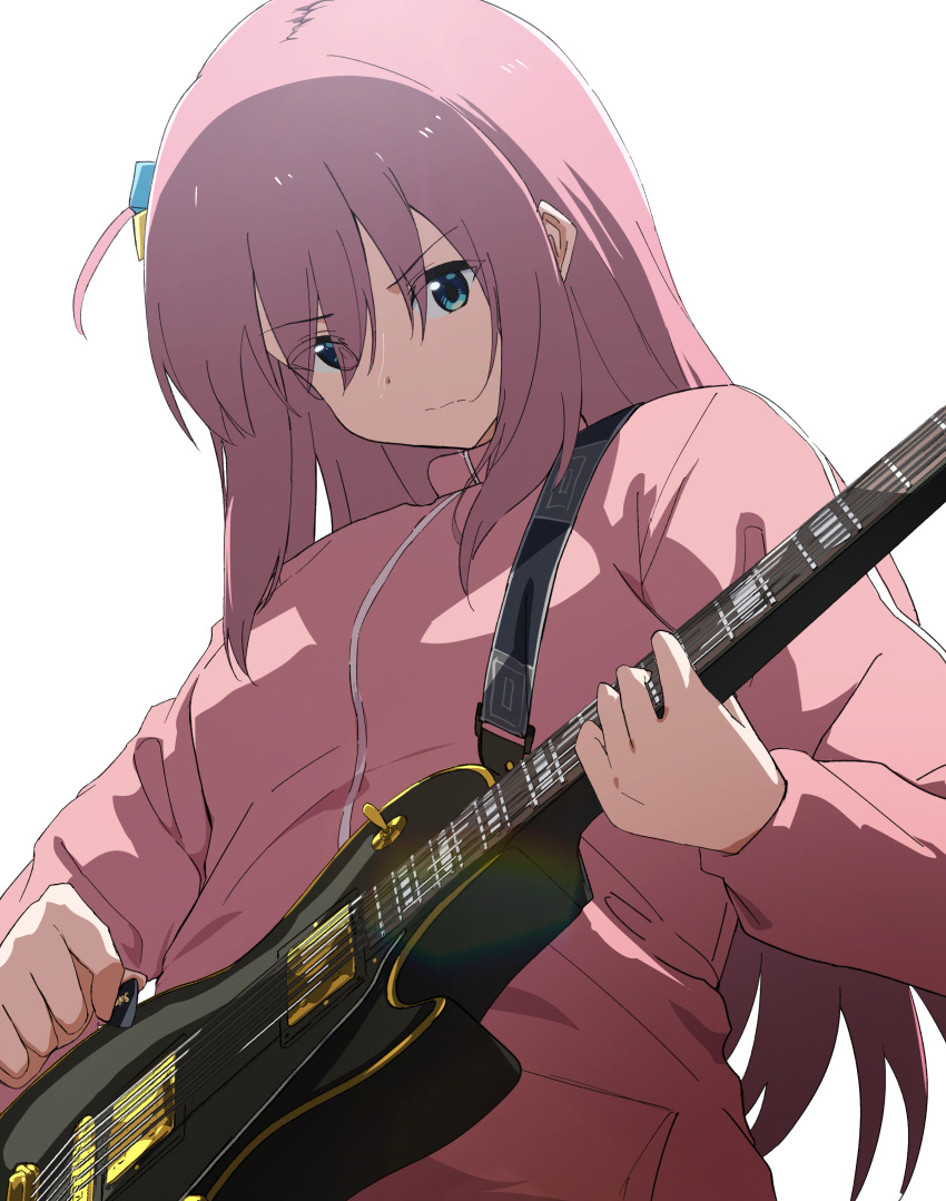 1girl absurdres bangs blue_eyes bocchi_the_rock! closed_mouth commentary_request cube_hair_ornament electric_guitar from_below gotou_hitori guitar hair_between_eyes hair_ornament highres holding holding_instrument instrument jacket long_hair long_sleeves looking_away looking_down misaki_nonaka one_side_up pink_hair pink_jacket plectrum simple_background solo sweat track_jacket very_long_hair white_background