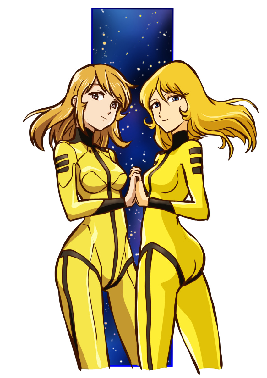 2girls ass black_eyes blonde_hair blue_eyes bodysuit breasts commentary_request dual_persona highres impossible_clothes long_hair matsumoto_leiji_(style) military military_uniform mori_yuki multiple_girls redesign retro_artstyle scan science_fiction sketch space starry_background taiga_hiroyuki traditional_media uchuu_senkan_yamato uchuu_senkan_yamato_2199 uniform