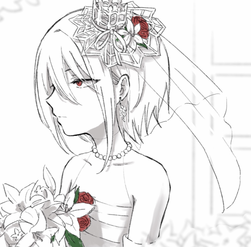 1girl :| accelerator_(toaru_majutsu_no_index) albino ambiguous_gender androgynous bangs bare_shoulders bouquet bridal_veil closed_mouth collarbone crown crown_hair_ornament detached_sleeves diceloooc dress earrings expressionless flower from_side genderswap genderswap_(mtf) greyscale hair_between_eyes half-closed_eyes holding holding_bouquet jewelry lace-trimmed_dress lace_trim lily_(flower) limited_palette mini_crown monochrome neck necklace pearl_necklace pixie_cut portrait red_eyes red_flower red_rose rose short_hair sidelocks single_earring solo spot_color standing suzushina_yuriko toaru_majutsu_no_index veil wedding_dress white_background white_dress white_hair window