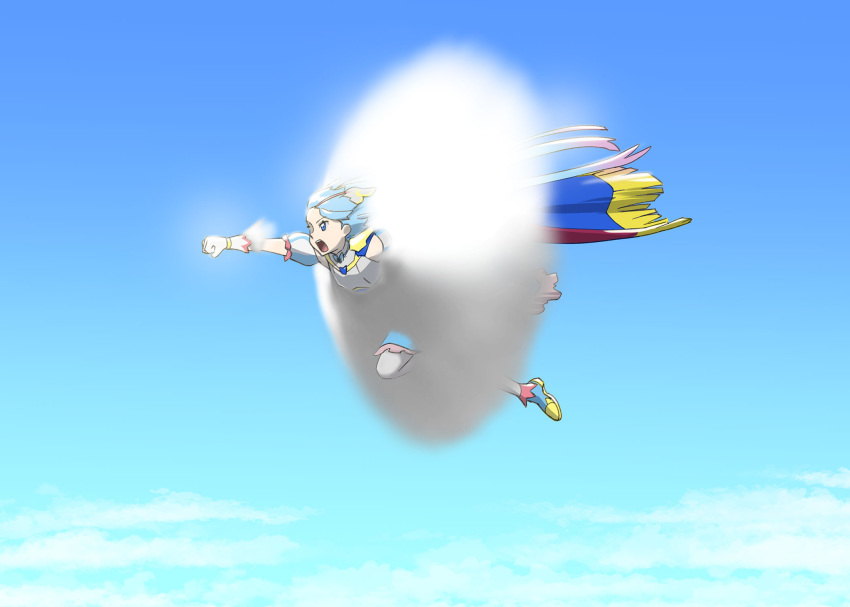1girl above_clouds bangs blue_cape blue_dress blue_eyes blue_footwear blue_hair blue_sky boots cape clenched_hand clothing_cutout clouds commentary cure_sky day dress flying fringe_trim highres hirogaru_sky!_precure long_hair looking_to_the_side magical_girl medium_dress open_mouth outdoors precure short_sleeves shoulder_cutout sky solo sonic_boom sora_harewataru thigh-highs ueyama_michirou white_thighhighs