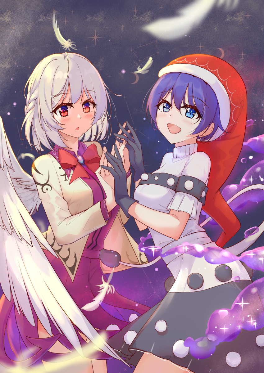 2girls :d :o absurdres angel_wings blush bow bowtie braid breasts constellation constellation_request diving_penguin doremy_sweet dress feathered_wings feathers french_braid hat highres jacket jewelry kishin_sagume long_sleeves medium_breasts multiple_girls night night_sky nightcap open_clothes open_jacket open_mouth pom_pom_(clothes) purple_dress red_bow red_bowtie red_eyes red_headwear short_dress short_hair single_wing sky smile sparkle touhou white_wings wings yuri