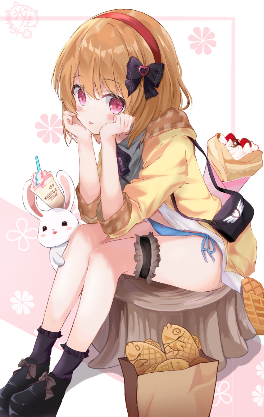 1girl bag bikini blonde_hair brown_hair coat food hairband highres kanon rabbit red_eyes short_hair solo suika_hiragi swimsuit taiyaki tsukimiya_ayu wagashi