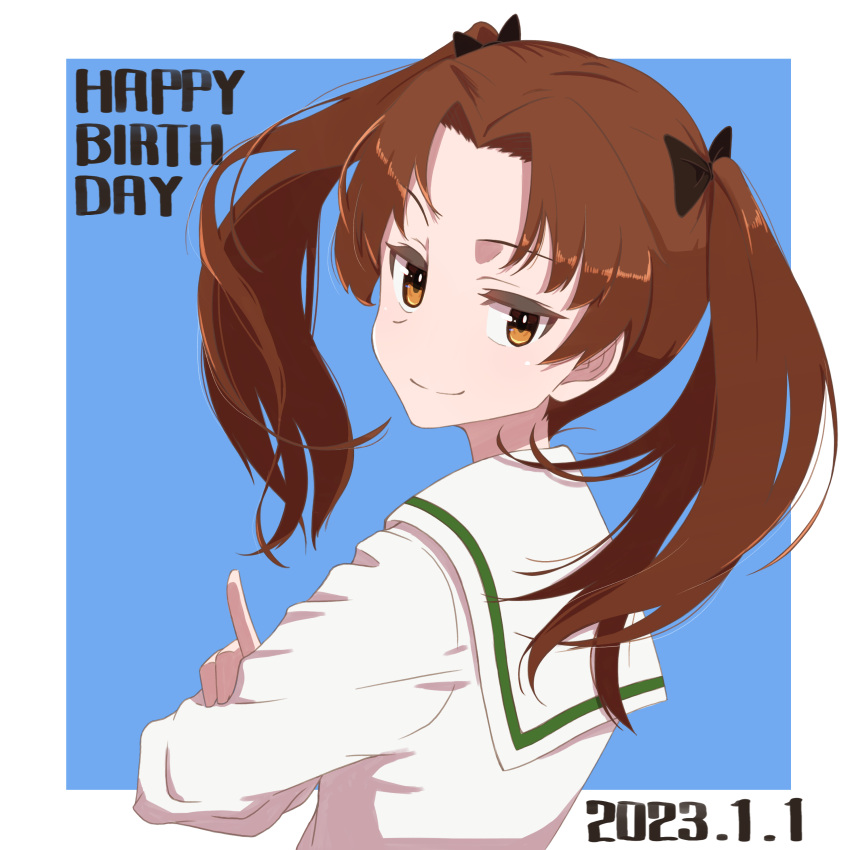 1girl absurdres bangs birthday black_bow blue_background bow brown_eyes brown_hair closed_mouth commentary dated english_text from_side girls_und_panzer hair_bow happy_birthday highres index_finger_raised kadotani_anzu looking_at_viewer looking_back medium_hair ooarai_school_uniform oritako outside_border parted_bangs school_uniform smile solo twintails upper_body
