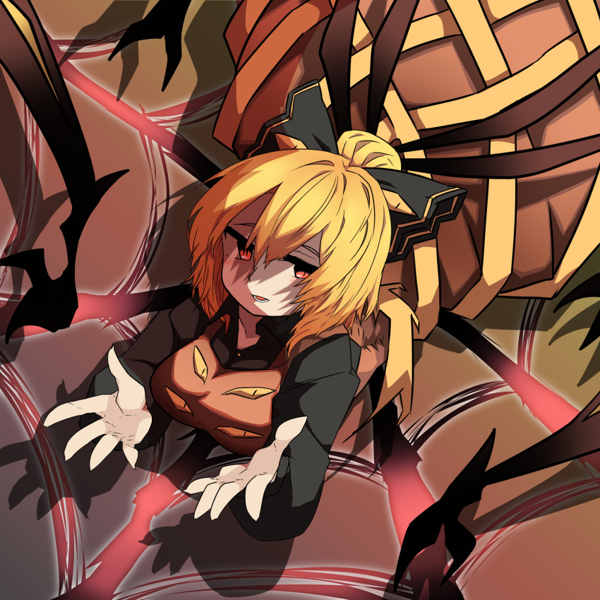 1girl arthropod_limbs bangs black_bow black_shirt blonde_hair bow breasts brown_background brown_dress commentary_request dress extra_eyes extra_legs feet_out_of_frame hair_between_eyes hair_bow hair_bun highres kurodani_yamame large_breasts long_dress long_sleeves looking_at_viewer lower_teeth_only lying medium_hair on_stomach open_mouth palms pinafore_dress red_eyes ribbon rinyamame shirt silk slit_pupils solo spider_web teeth touhou yellow_ribbon