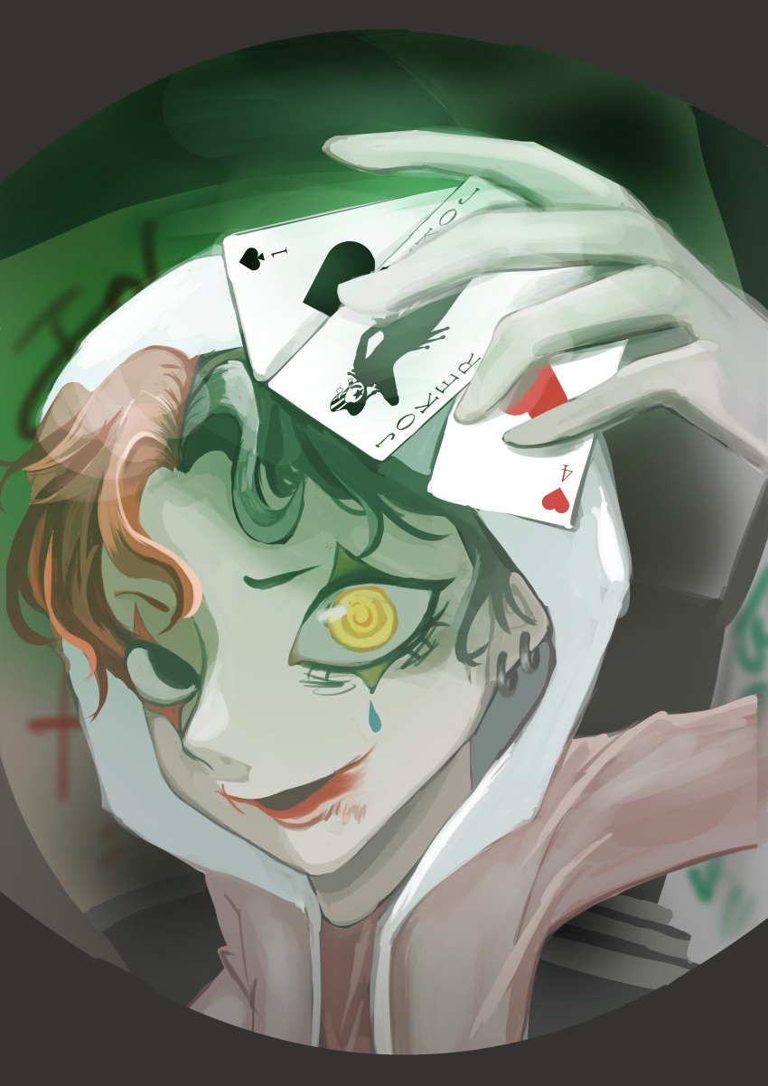 absurdres ambiguous_gender arm_up black_eyes card facepaint heart heterochromia highres holding holding_card joker_(card) looking_at_viewer original playing_card portrait smile spade_(shape) stairs user_zeme2272 yellow_eyes