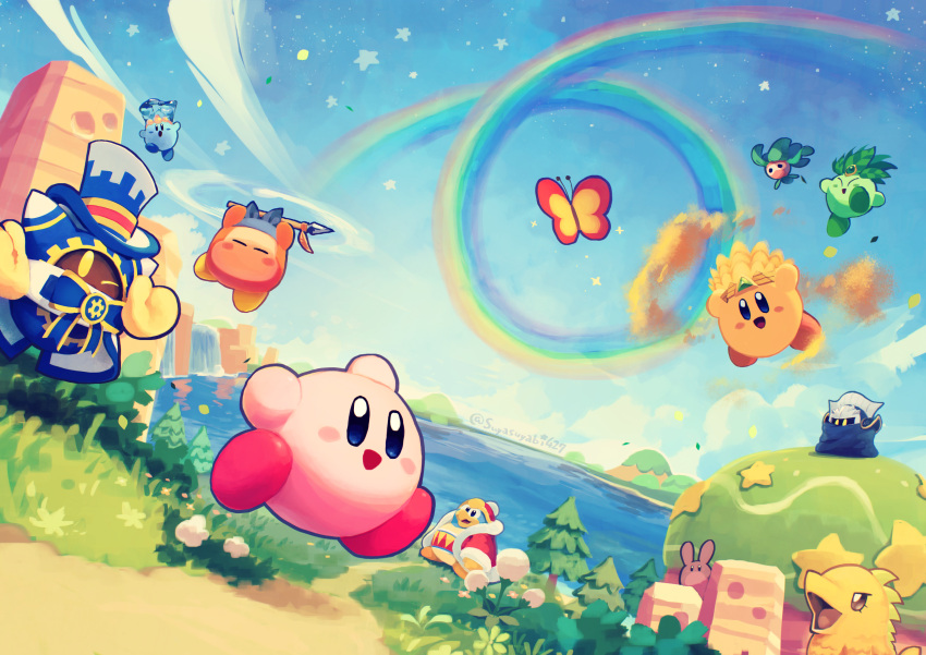 :d absurdres armor arms_up artist_name bandana bandana_waddle_dee beak blue_bandana blue_eyes blue_sky blush blush_stickers bug butterfly cape character_request closed_eyes clouds coat commentary_request copy_ability day eyes_in_shadow flower flying full_body fur-trimmed_coat fur-trimmed_headwear fur-trimmed_sleeves fur_trim gloves grass hat highres hill holding holding_polearm holding_weapon king_dedede kirby kirby's_return_to_dream_land kirby's_return_to_dream_land_deluxe kirby_(series) leaf_kirby leafan long_sleeves looking_at_viewer magolor mask meta_knight morpho_knight mountain no_humans one_eye_closed open_mouth outdoors path plant polearm polof rabbit rainbow red_coat red_headwear running sand_kirby scenery shoulder_armor sky smile solid_oval_eyes spear star_(symbol) suyasuyabi top_hat tree twitter_username water water_kirby waterfall weapon white_flower yellow_eyes yellow_gloves