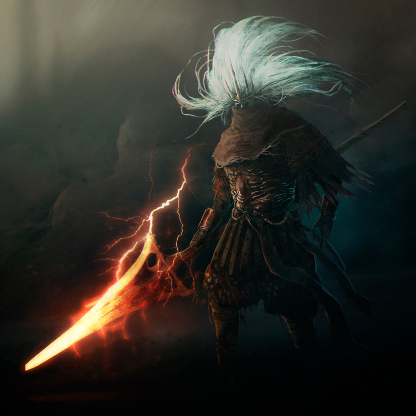 1boy absurdres armor brown_cloak cloak covered_face covered_mouth crown elden_ring glowing glowing_weapon highres holding holding_polearm holding_weapon hollow_eyes lightning long_hair martinleborgne nameless_king polearm red_lightning solo spear weapon white_hair