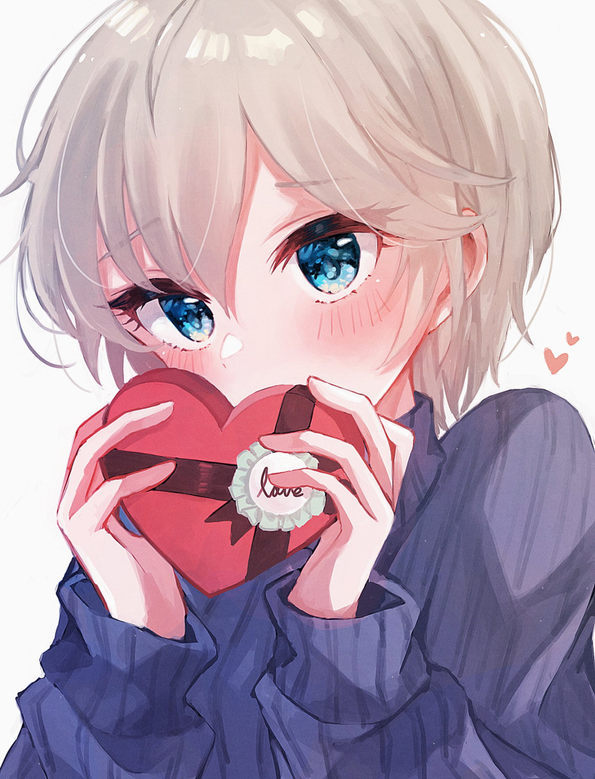 1girl anastasia_(idolmaster) bangs blue_sweater blush box covering_mouth gift heart heart-shaped_box highres holding holding_gift idolmaster idolmaster_cinderella_girls long_sleeves looking_at_viewer portrait rua_(idv) short_hair simple_background solo sweater turtleneck turtleneck_sweater valentine white_background