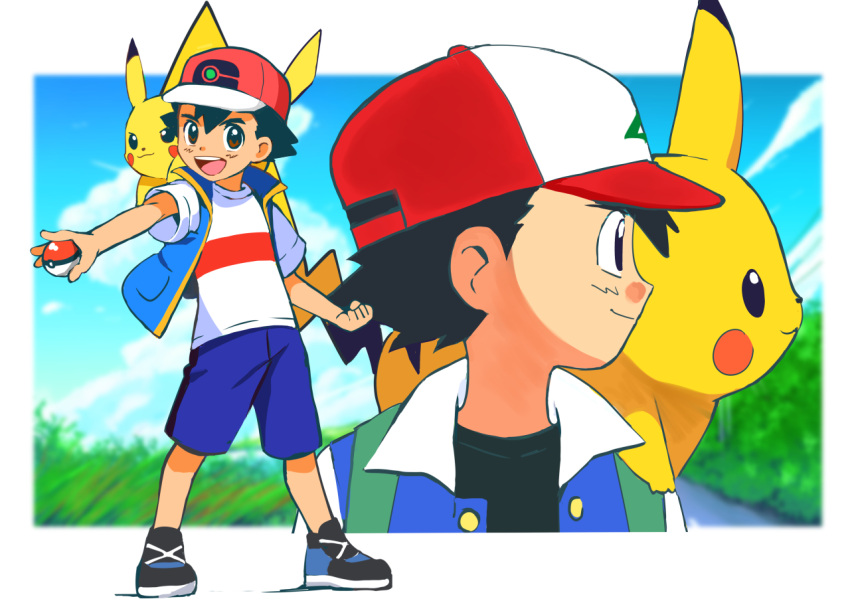 1boy :d ash_ketchum bangs baseball_cap black_footwear black_hair blue_jacket blue_shorts brown_eyes commentary_request hat holding holding_poke_ball jacket kyanos_(b_0000ff) male_focus open_mouth pikachu poke_ball poke_ball_(basic) pokemon pokemon_(anime) pokemon_(classic_anime) pokemon_(creature) pokemon_journeys pokemon_on_back red_headwear shirt shoes short_hair short_sleeves shorts sleeveless sleeveless_jacket smile standing t-shirt teeth tongue upper_teeth_only white_shirt