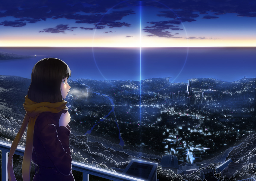 1girl brown_eyes brown_hair building city city_lights cityscape highres house jacket juu_ho lens_flare lighthouse open_mouth original river scarf short_hair skyscraper solo sunset water yellow_scarf