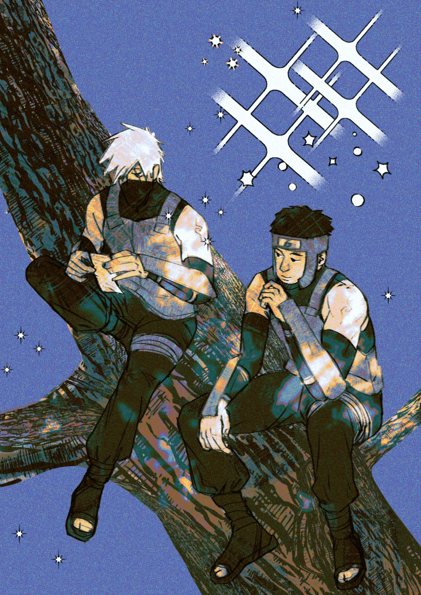 2boys arm_armor arm_guards armor bangs bare_shoulders black_footwear black_mask black_pants black_shirt blue_background bodysuit brown_hair chest_armor covered_face dappled_sunlight detached_sleeves expressionless forehead_protector full_body hair_between_eyes hands_up hatake_kakashi highres holding holding_paper in_tree japanese_clothes knee_up konohagakure_symbol looking_at_another looking_at_object mask mouth_mask multiple_boys muozu naruto naruto_(series) naruto_shippuuden ninja ninja_mask pants paper scar scar_across_eye shirt short_hair sitting sitting_in_tree sparkle spiky_hair sunlight thigh_strap toeless_footwear tree white_hair yamato_(naruto)